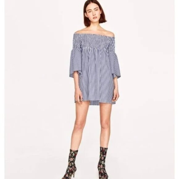Zara Smocked Dress Bell Sleeve Blue White Striped Casual Dress S - Picture 2 of 15